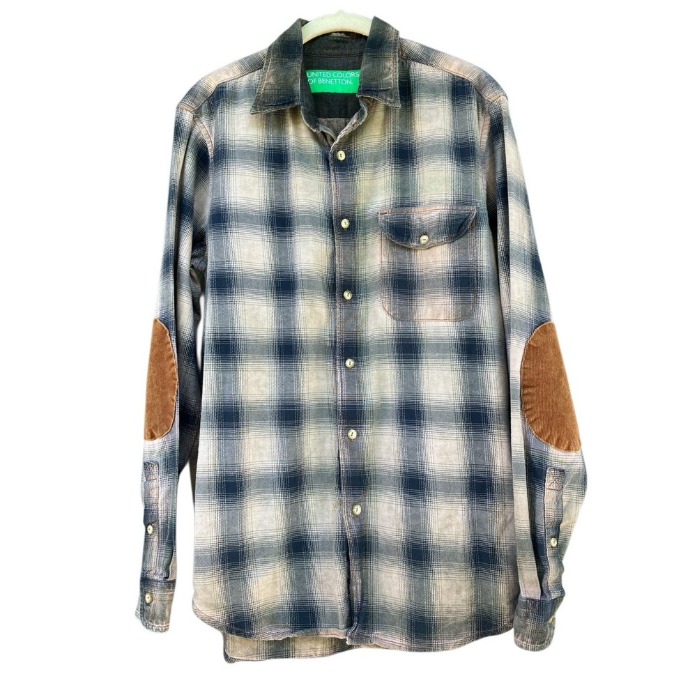 Vintage Benetton Mens Plaid Flannel Shirt Size M Elbow Patches Academia Heritage